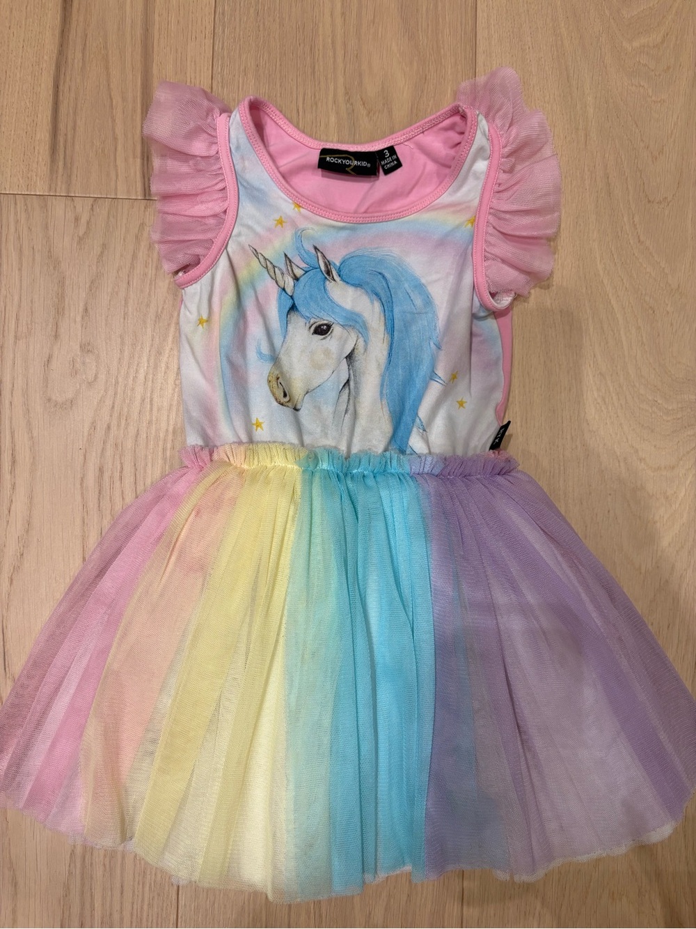 Rock Your Kid Girls Unicorn Rainbow Tulle Dress with Ruffle Sleeves